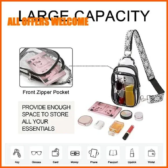 Clear Stadium Crossbody Bag with 7 Zippered Pockets, Adjustable Strap - Picture 5 of 8